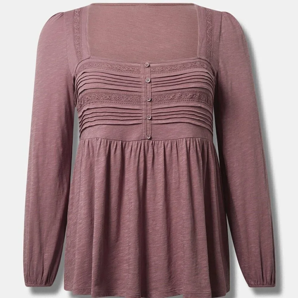 Torrid - Cotton Modal Slub Square Neck Pintuck Top in Rose Taupe - Picture 14 of 14
